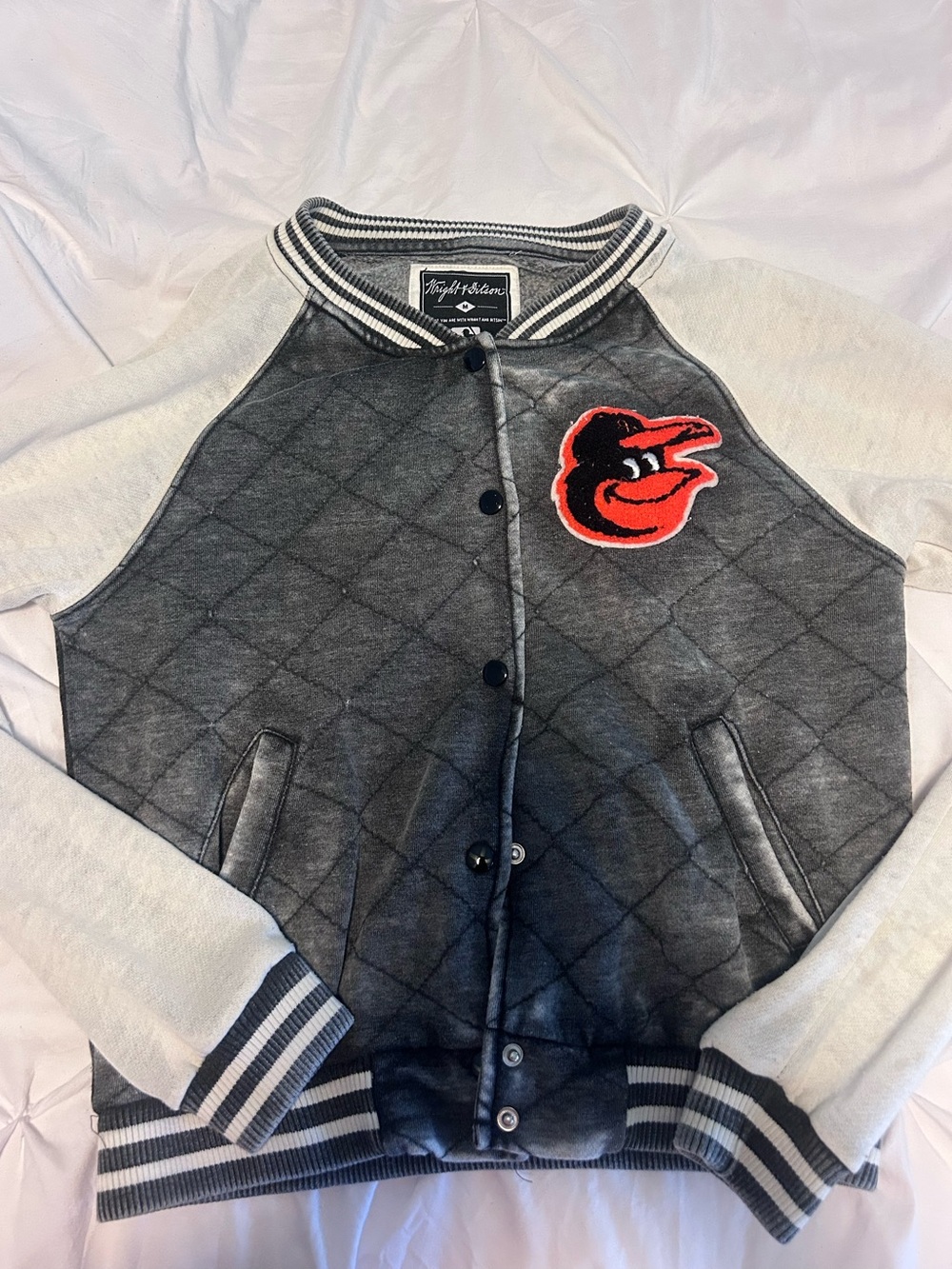Wright & Ditson Quilted Gray and White Kids Varsity Jacket with Orange Patch